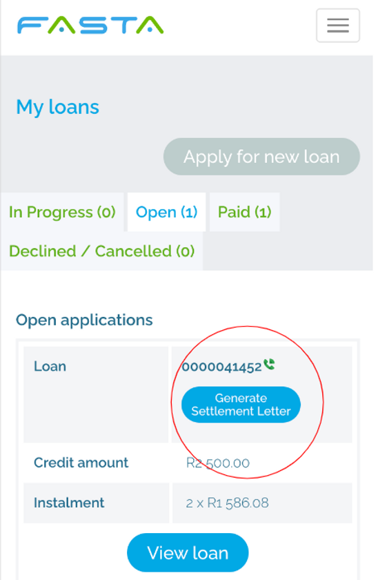 screenshot of fasta login profile to download settlement letter