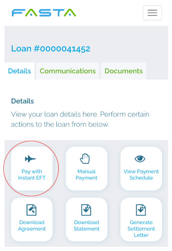 screenshot of fasta login profile to pay with instant eft