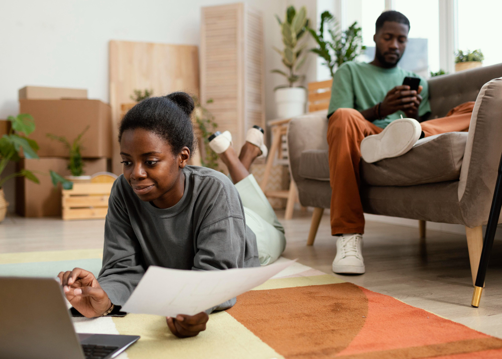 Woman in foreground on her laptop while a man sits behind on a couch