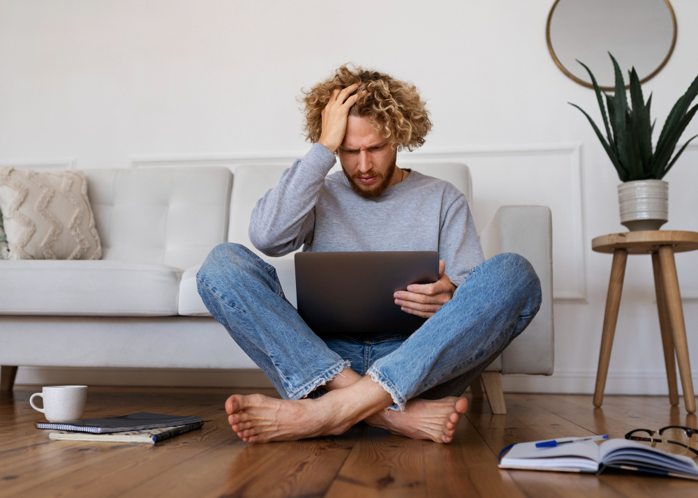man on computer on the floor confused